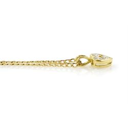 18ct gold diamond heart shaped pendant, three round brilliant cut diamonds of approx 0.55 carat, on 9ct gold flattened curb link chain necklace, both hallmarked