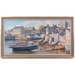Nancy Bailey (British 1913-2012): 'Back Gates - Morning Light', oil on board signed, titled verso 38cm x 74cm 