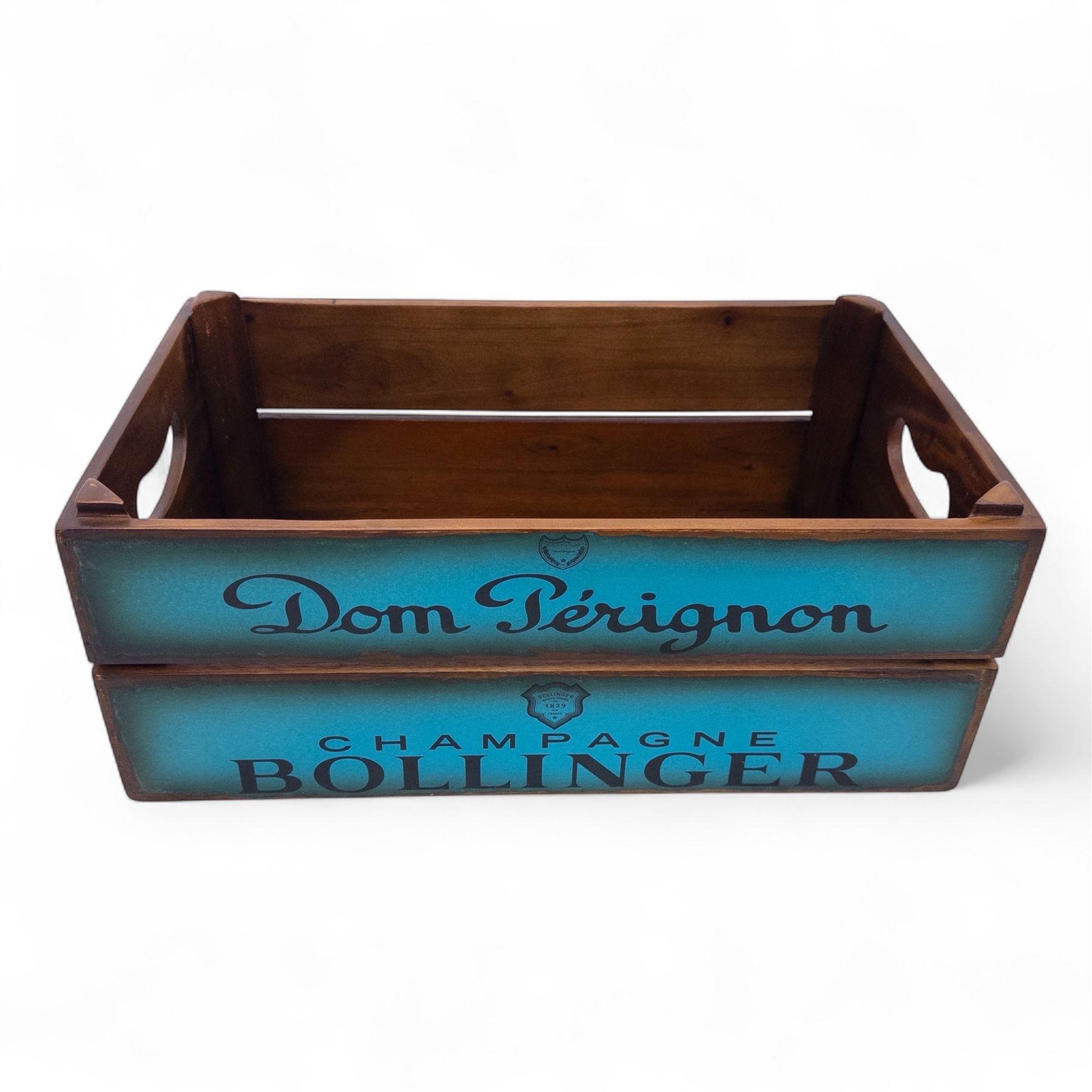 Three-piece champagne advertising display set, comprising pine steps with painted Dom Pérignon and Bollinger lettering, and two wooden boxes branded Moët & Chandon and Veuve Clicquot (Steps H 80cm, W 44cm, D 68cm, crates each H 18cm, W 44cm, D 26cm)