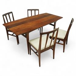 John Herbert for A. Younger  - Mid-century afrormosia teak Volnay dining table, of rectangular form with chamfered edges raised on tapering legs united by rounded stretchers, together with four afrormosia Volnay dining chairs with a gently curved top rail over triple splat open back on square tapering legs united by stretchers reupholstered in cream vinyl, chairs W50xD42xH88cm