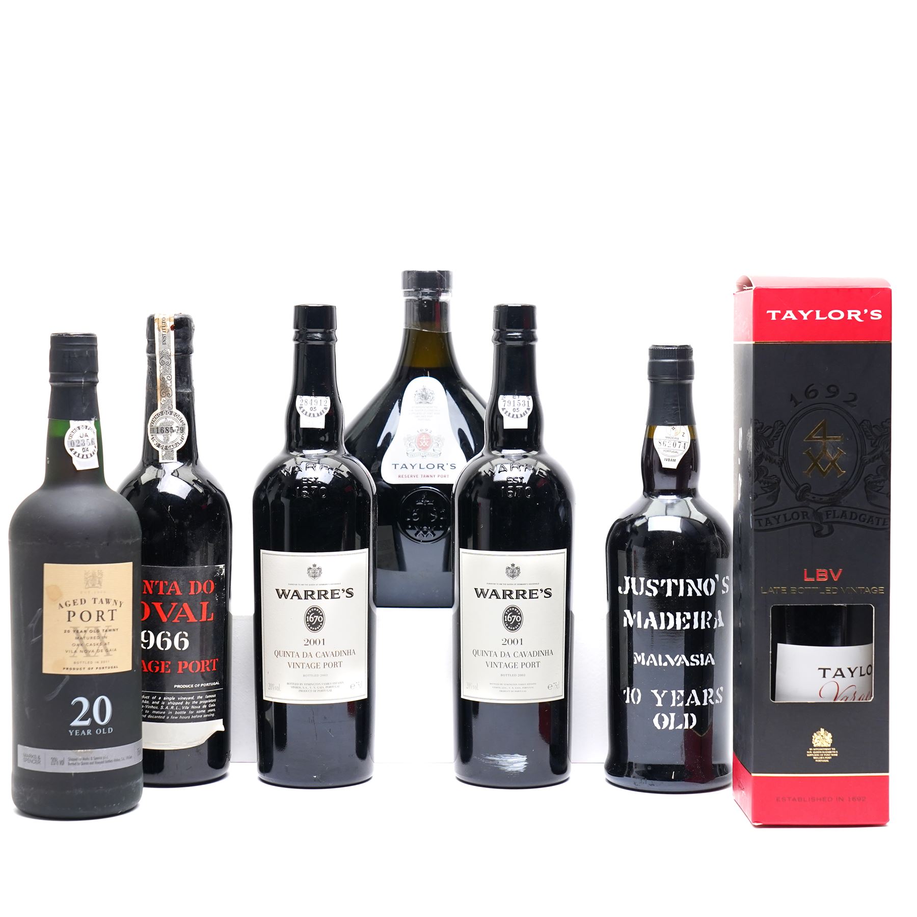 *One bottle of Quinta Do Noval Vintage Port 1966, unknown contents and proof; one bottle of Justino's Madeira 10 years old, 750ml, 19% vol, one bottle of Taylor's Reserve Tawny Port, limited edition, one litre, 20% vol, one bottle of Taylor's LBV Port 2001, 75cl, 20.5% vol, boxed and three other bottles of PortFrom the Kirkham Hall Attic & Cellar Collection, sold without reserve