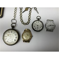 Silver lever pocket watch, with plated chain and a smaller silver fob watch, together with three silver hinged bangles, heavy silver curb link bracelet, 9ct gold and silver signet ring, 9ct gold initial A pendant, timex wristwatch, Kered wristwatch and an Ingersoll pocketwatch, and a small collection of costume jewellery 