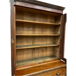 Victorian mahogany secretaire bookcase, fitted with two glazed display doors, above fall front correspondence drawer, two arch top cupboards to base
