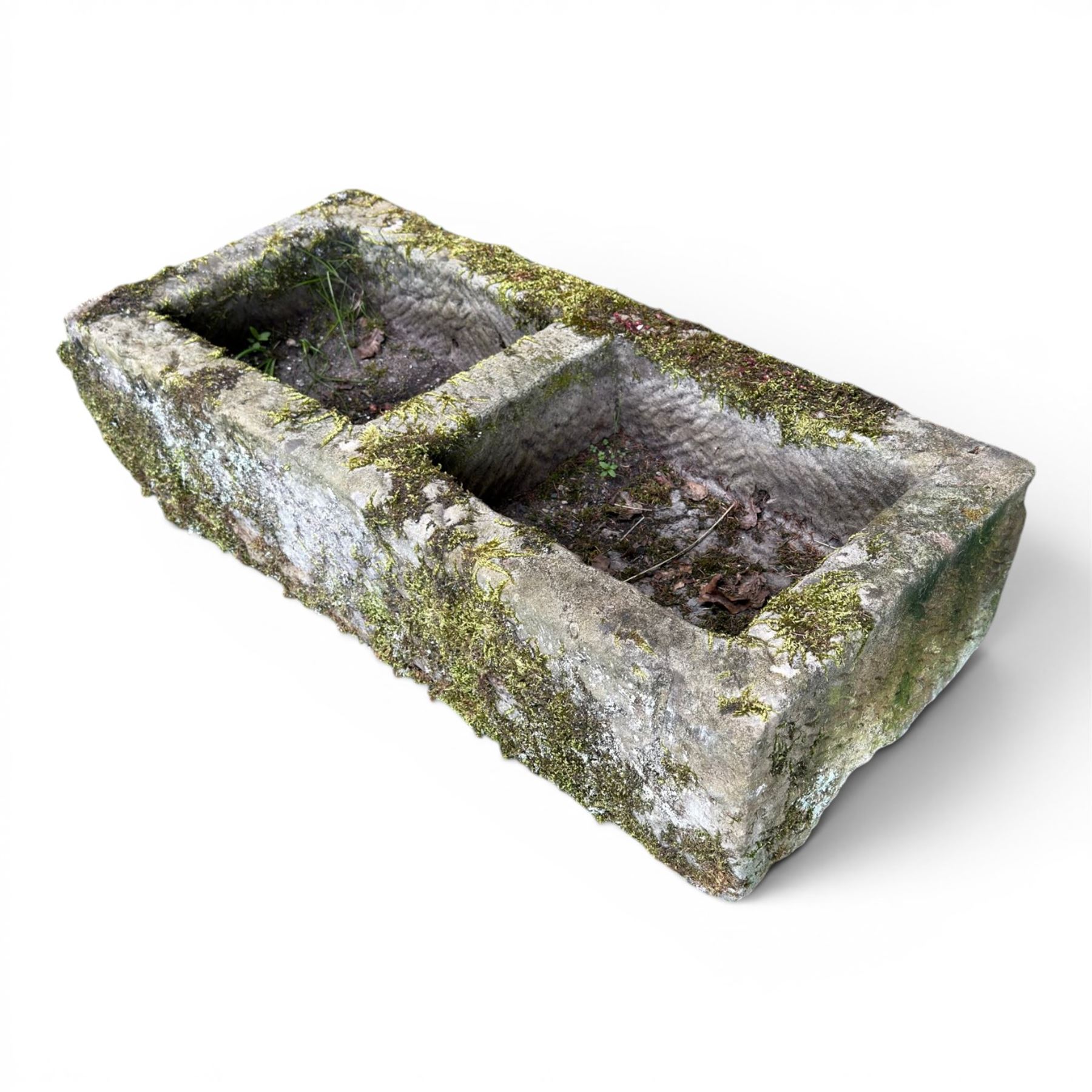 19th century weathered hewn stone double trough rectangular form with two divisions
