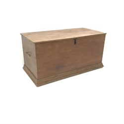  Large early 20th century pitch pine country house log chest, hinged lid with clasp, two handles, W161cm, H78cm, D81cm  