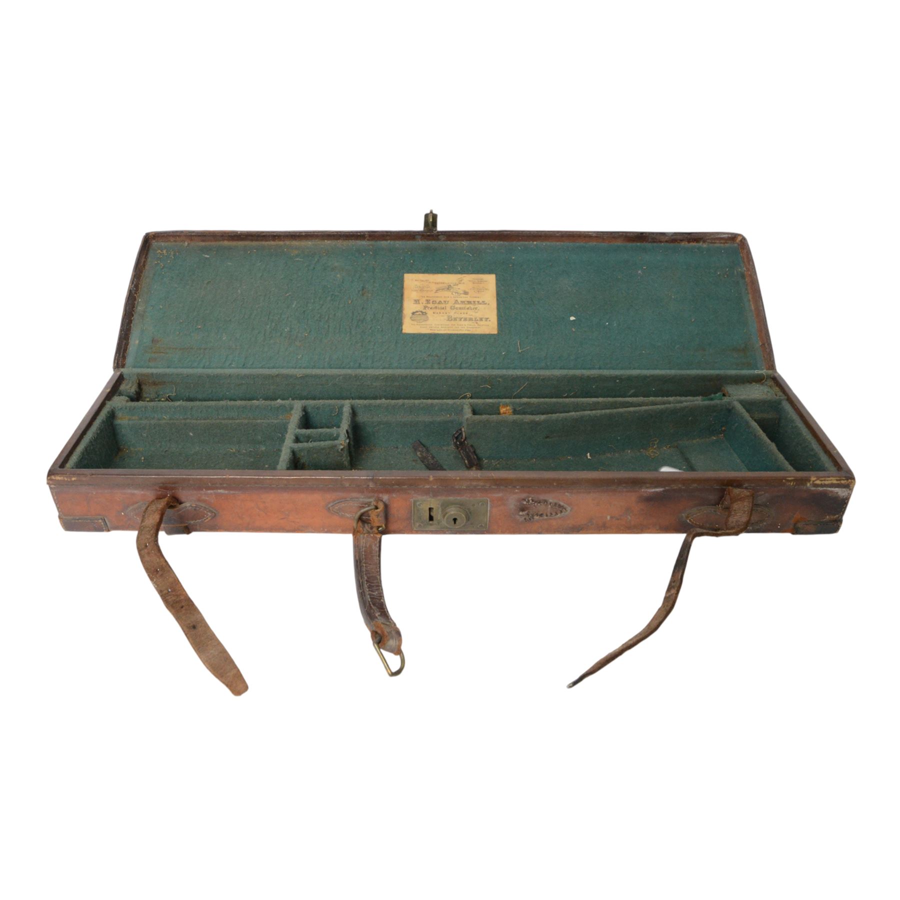 Leather shotgun case with the label of H Esau Akrill, practical gunmaker Beverly, inscribed  to lid 'R.S. Beverley', L83cm