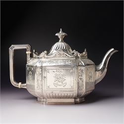 Victorian silver tea and coffee set engraved with classical urns, oval paterae and scrolling foliage, monogram and 'Diligentia et Honore' comprising teapot, tea kettle on spirit heater stand, coffee pot, two handled sugar bowl and cream jug Sheffield 1891 Maker John Round & Son Ltd