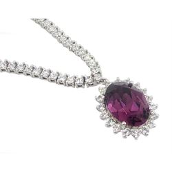 Silver cubic zirconia and purple stone set cluster pendant dress necklace, stamped 925