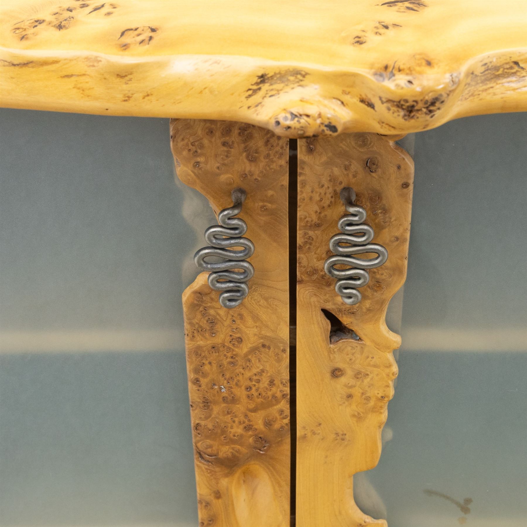 Paul Hodgkiss Designs of Glasgow - contemporary figured elm sideboard, burred elm organic form top, with frosted glass cabinet wrought metal handles revealing a fixed shelf interior, with three shaped drawers enclosing a fitted cutlery drawer, raised on square block feet 