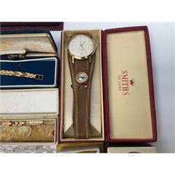 Three gold plated ladies wristwatches, gentlemans Wostok 18 jewels wristwatch, amber cufflinks, brooch and ring, etc