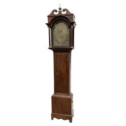 8 day mahogany longcase clock c1790 - with a swans neck box top and brass finial above a break arch pediment and hood door, free standing pilaster with Corinthian capitals, trunk with a wavy topped door on a rectangular plinth with an applied decorative skirting, brass dial with 