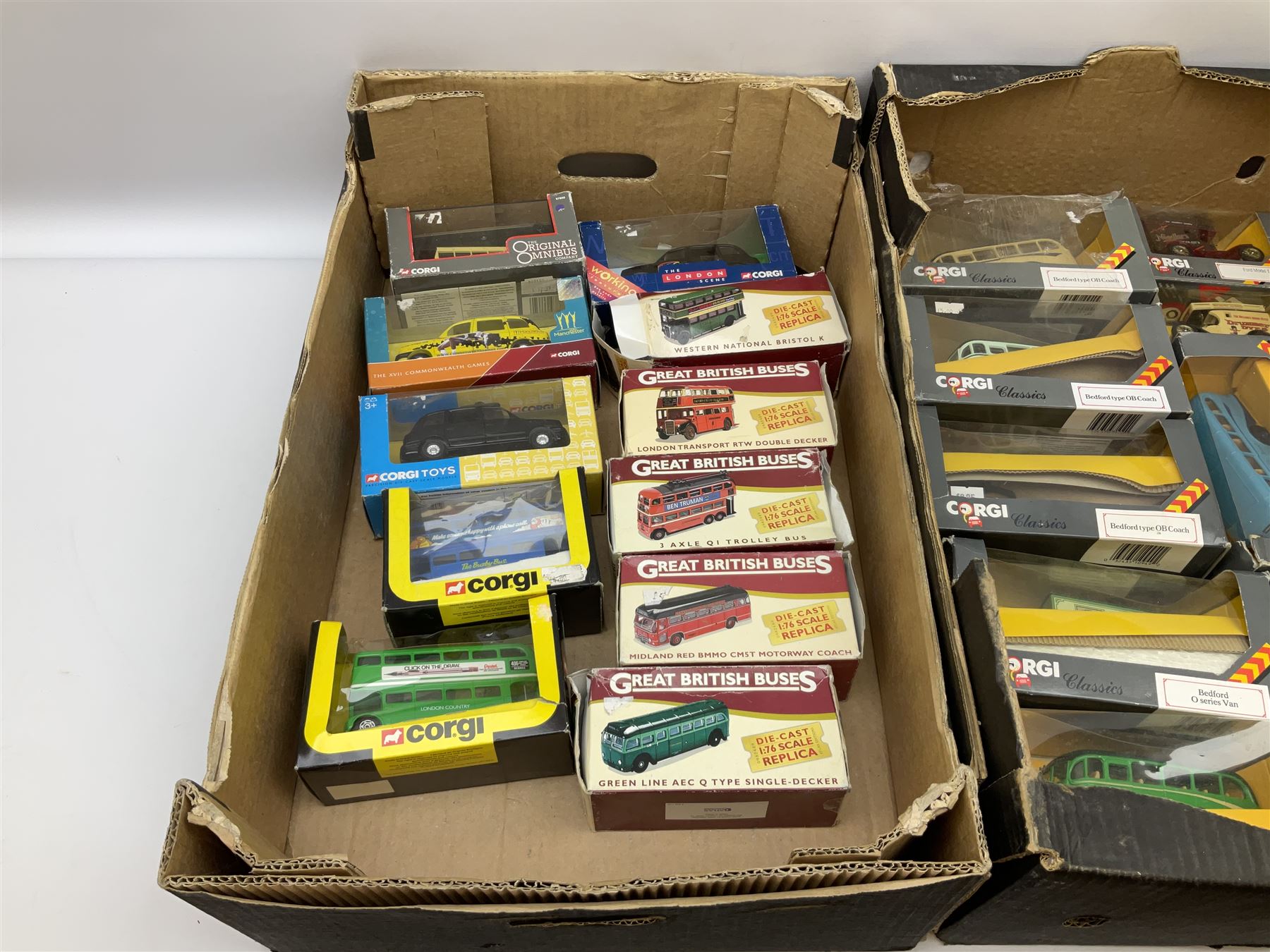 Corgi Classics commercial vehicles to include Bedford O series Van, Bedford type OB Coach, etc, boxed, other boxed Corgi models and boxed Atlas Editions Great British Buses, in three boxes