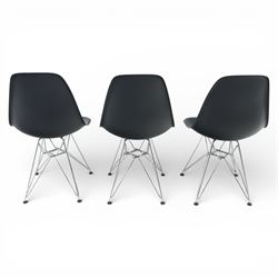 Vitra - set of six DSR side chairs designed by Charles and Ray Eames, moulded black plastic seats, raised on chromed wire Eiffel bases with plastic foot glides