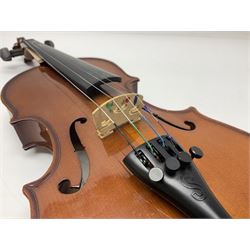 Three Stentor Student violins - three-quarter size with 33cm two-piece back; and two quarter size each with 28cm two-piece back; each in carrying case with bow (3)