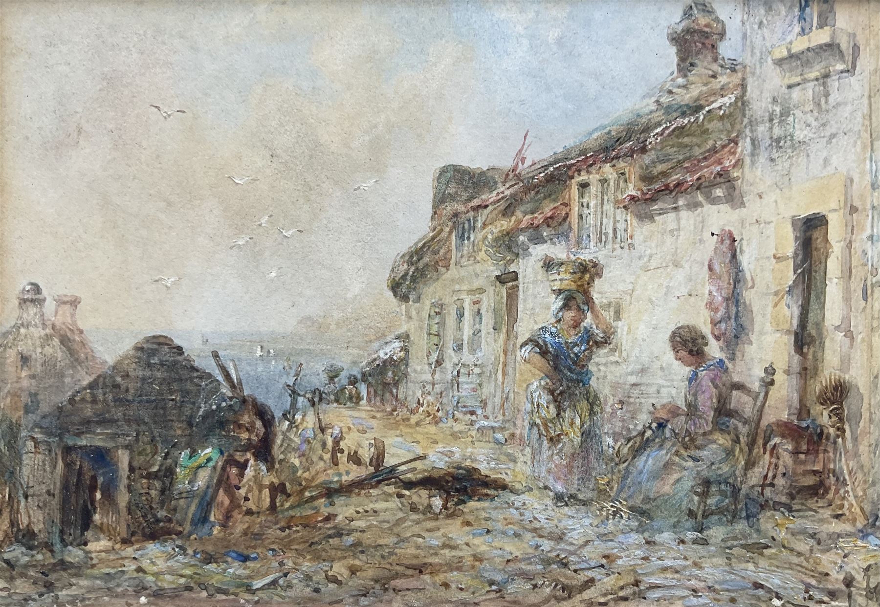 George Weatherill (British 1810-1890): Fisherwomen beside Cottages at Runswick Bay, watercolour unsigned 9cm x 13cm