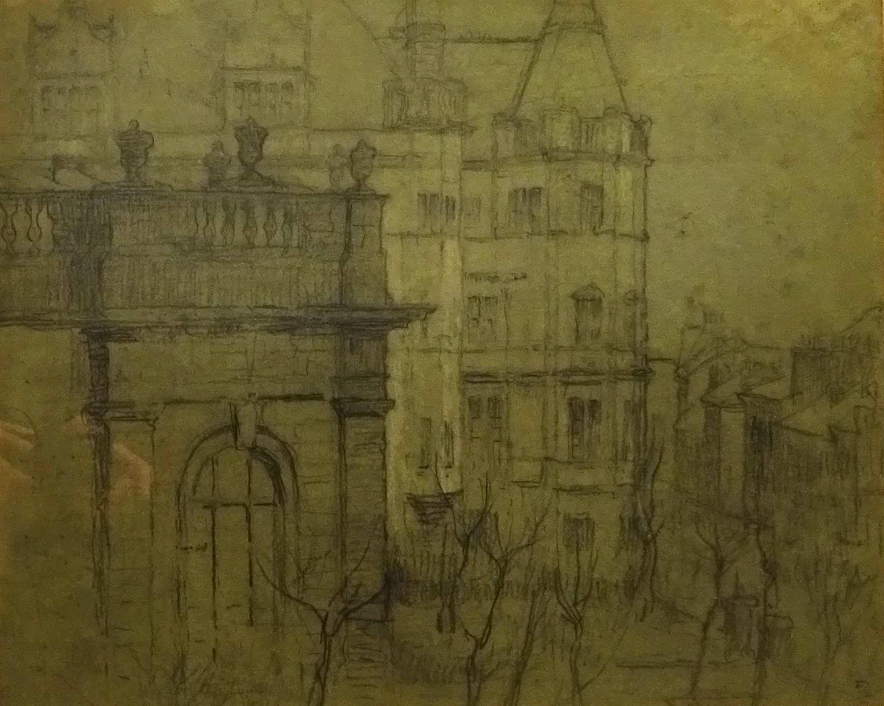 Sir Frank Brangwyn RA, RWS, RBA (British 1867-1956): City Buildings, pencil signed with initials 38cm x 47cm
Provenance: purchased from Patrick Payne, Phoenix Fine Art 

