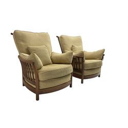 Ercol - pair elm and beech 'Renaissance' armchairs, upholstered in beige fabric  