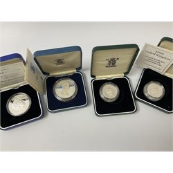 Four United Kingdom silver proof coins, 1981 commemorative crown, 1998 five pounds, 1995 two-pounds, all cased with certificate and a 1995 two-pound coin cased without certificate (4)