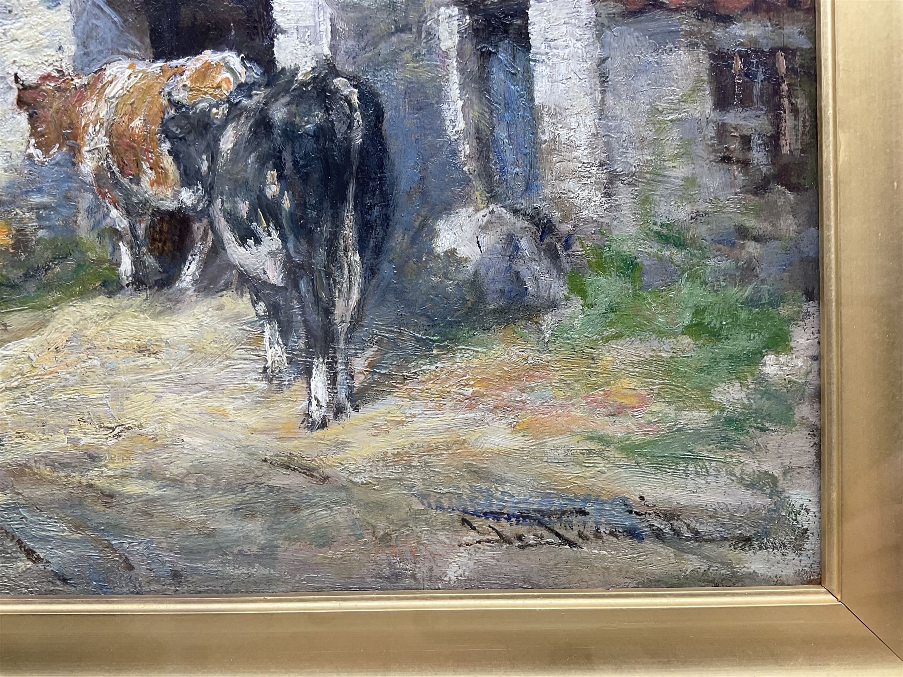 George Smith (Scottish 1870-1934): Cattle and Sheepdog in the Farmyard, oil on board signed 29cm x 39cm