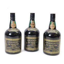 Amandio's 1938 old tawny port, unknown contents and proof, three bottles 