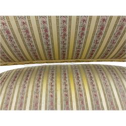 French cream painted salon sofa, gilded detail, upholstered in stripe fabric
