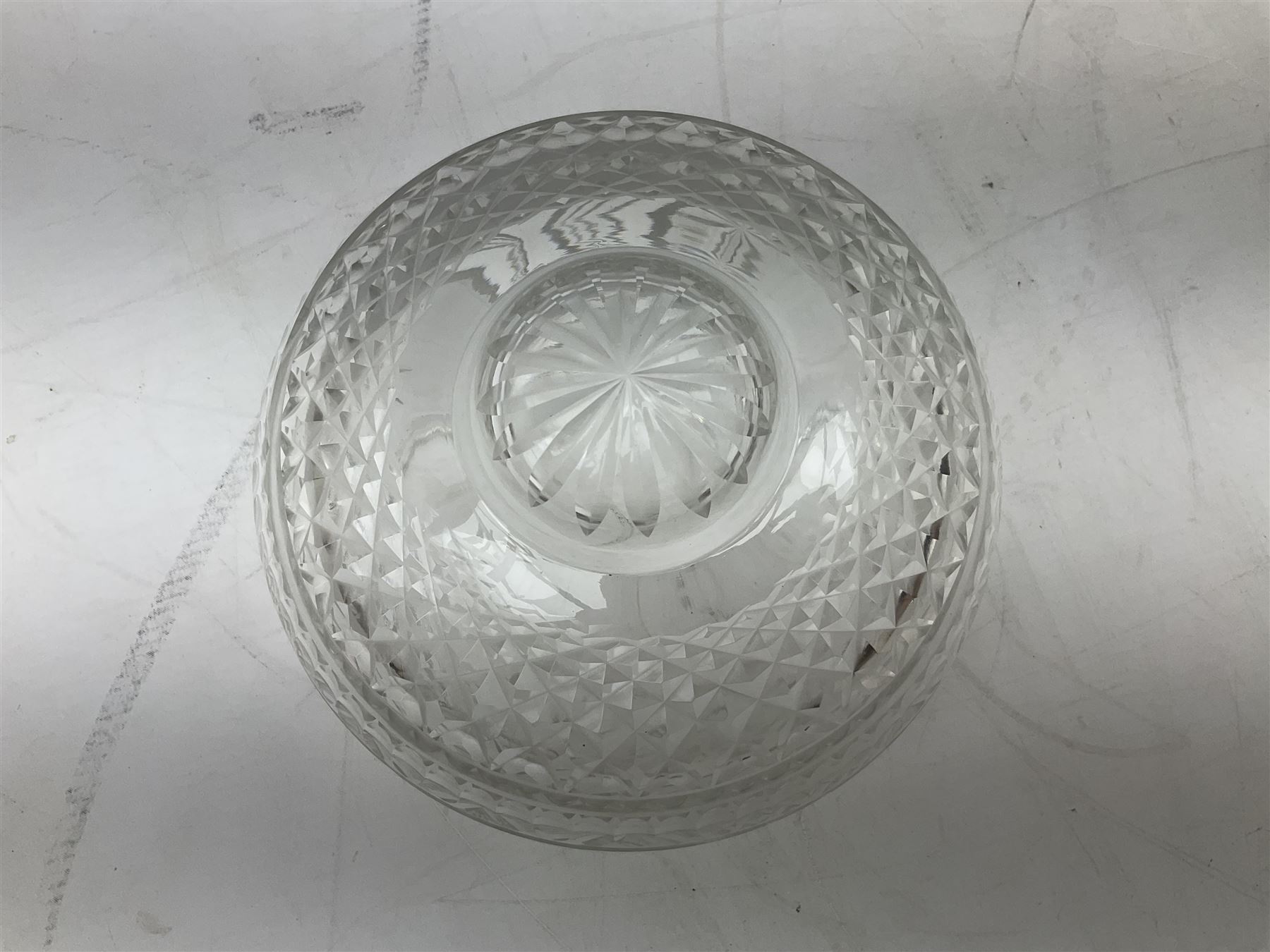 Waterford style cut crystal table lamp with mushroom shade and shaped central column upon a circular spreading foot, H39cm