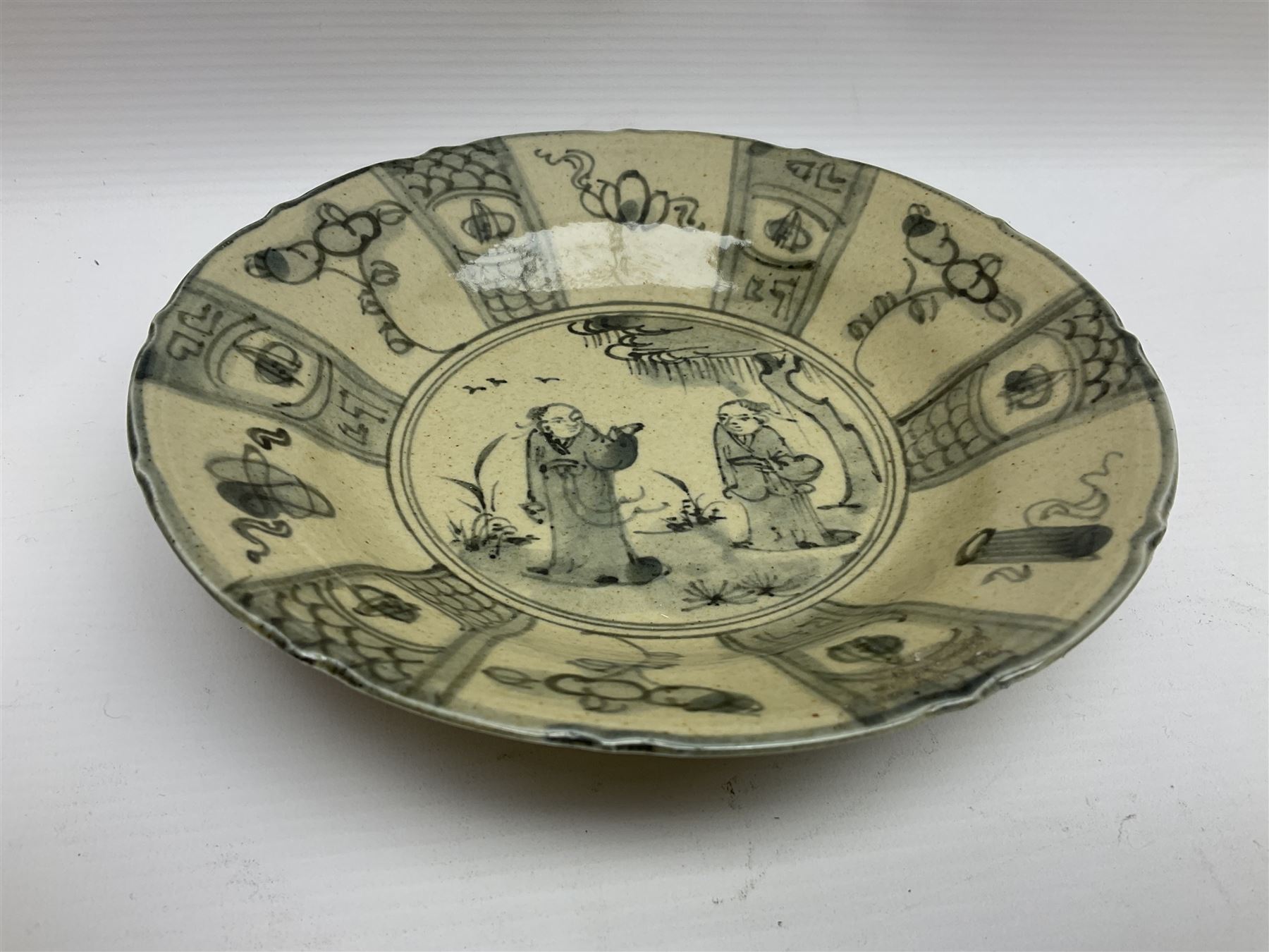 Chinese Ge-type crackle glazed vase and matching dish, together with Ming style plate with figures to the centre, vase H17cm