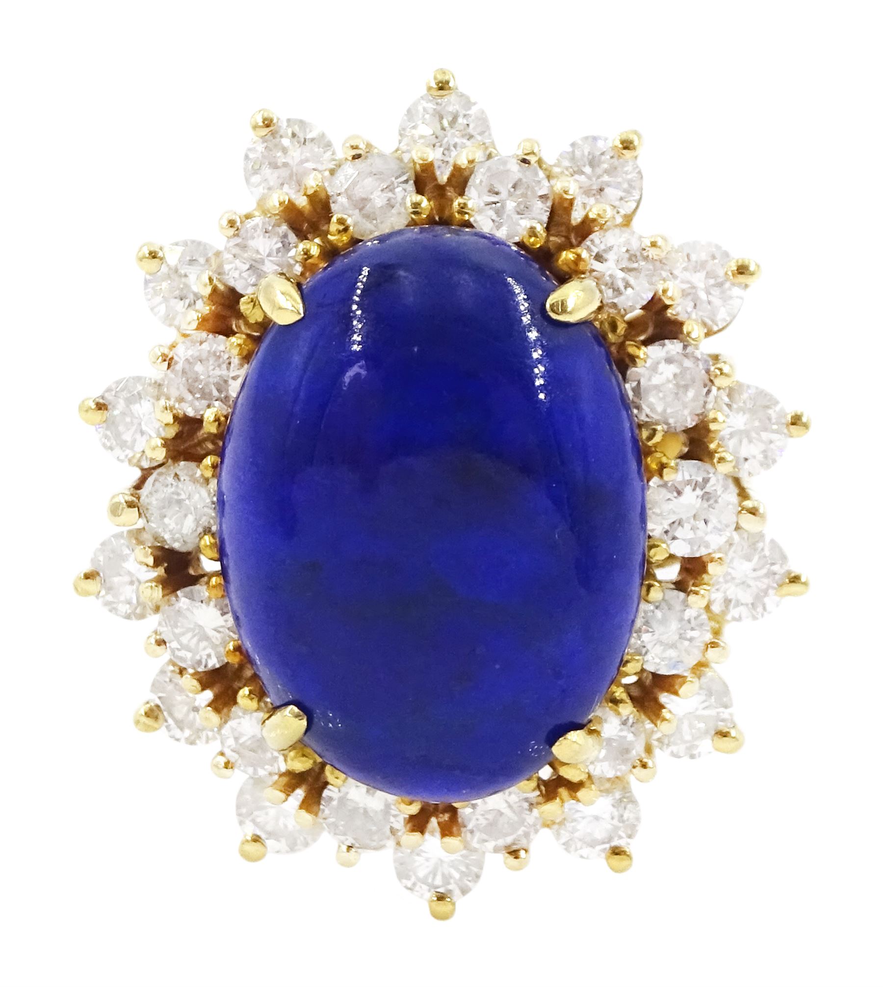18ct gold lapis lazuli and diamond cluster ring, single oval cut lapis lazuli with two rows of round brilliant cut diamonds, stamped 750, total diamond weight approx 1.70 carat