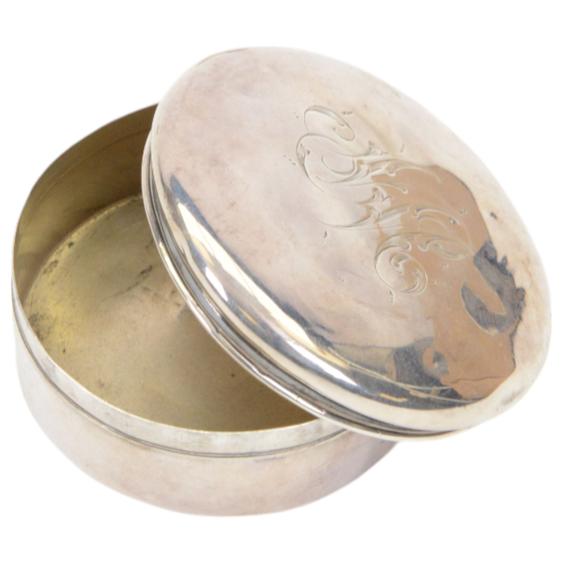 Silver stamp box, the hinged cover with glazed stamp panel, upon four bun feet, stamped 925, together with 1920's silver jewellery box of circular form with engraving to the lid, hallmarked 1920 Birmingham, indistinct maker and covered box with engraving to the lid, hallmarked probably William Harrison Walter 1907, London     