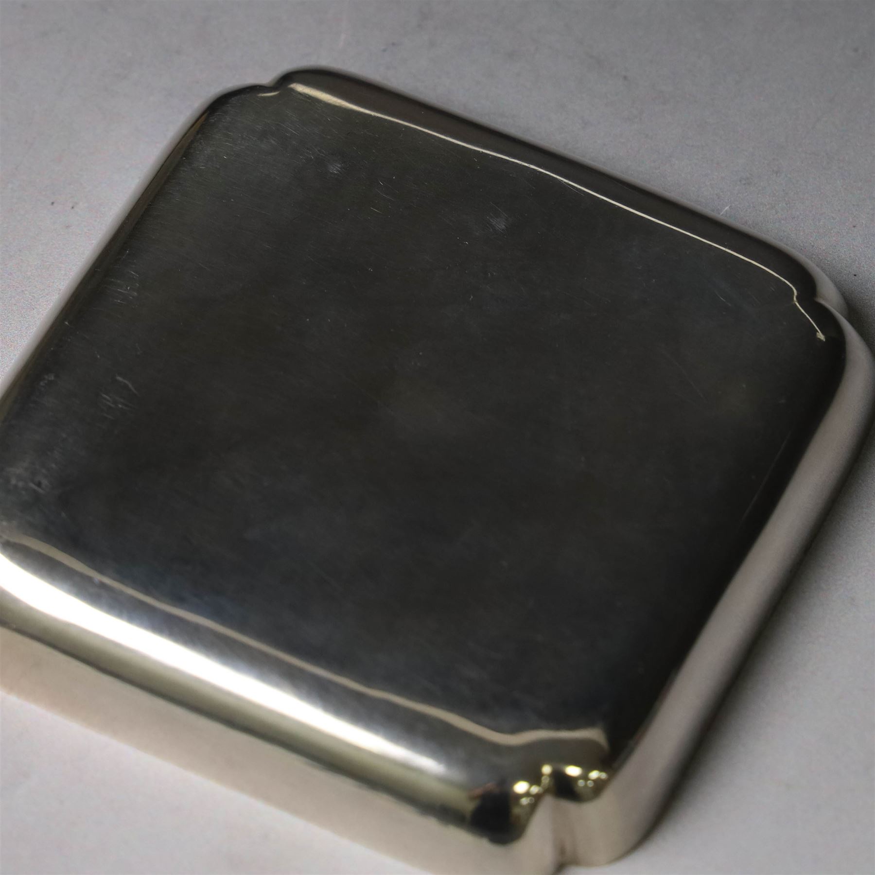 Late 20th century silver pin dish, of square form, with Queen Elizabeth II Coronation hallmark for C J Vander Ltd, London 1953, W9cm