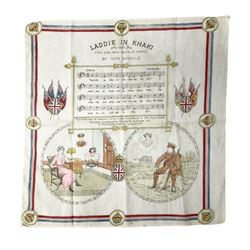 WWI patriotic handkerchief printed with 'Laddie in Khaki' song by Ivor Novello