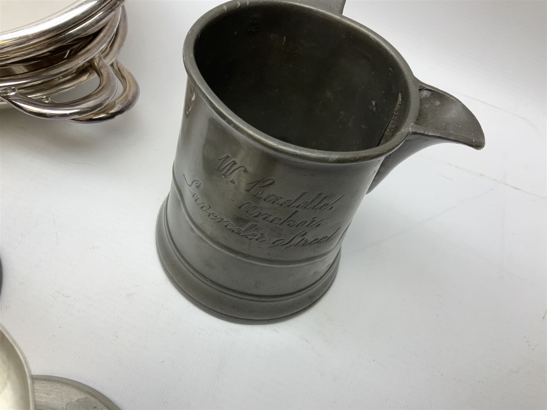 Collection of pewter to include, quart jug, one pint jug measure, teapot etc and other metalware including two Walker & Hall serving dishes