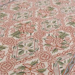 Kashmiri chain stitch crewel embroidered wall hanging, wool on cotton ground, decorated with an all-over lattice of floral medallions and stylized foliage with multiple floral borders 