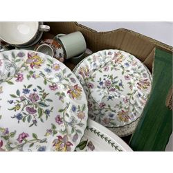 Large quantity of tea and dinner wares to include Spode Flemish Green, Royal Standard, Wood & Sons Clovelly, together with other ceramics to include Delft style, coronation mug, Duchess etc in four boxes
