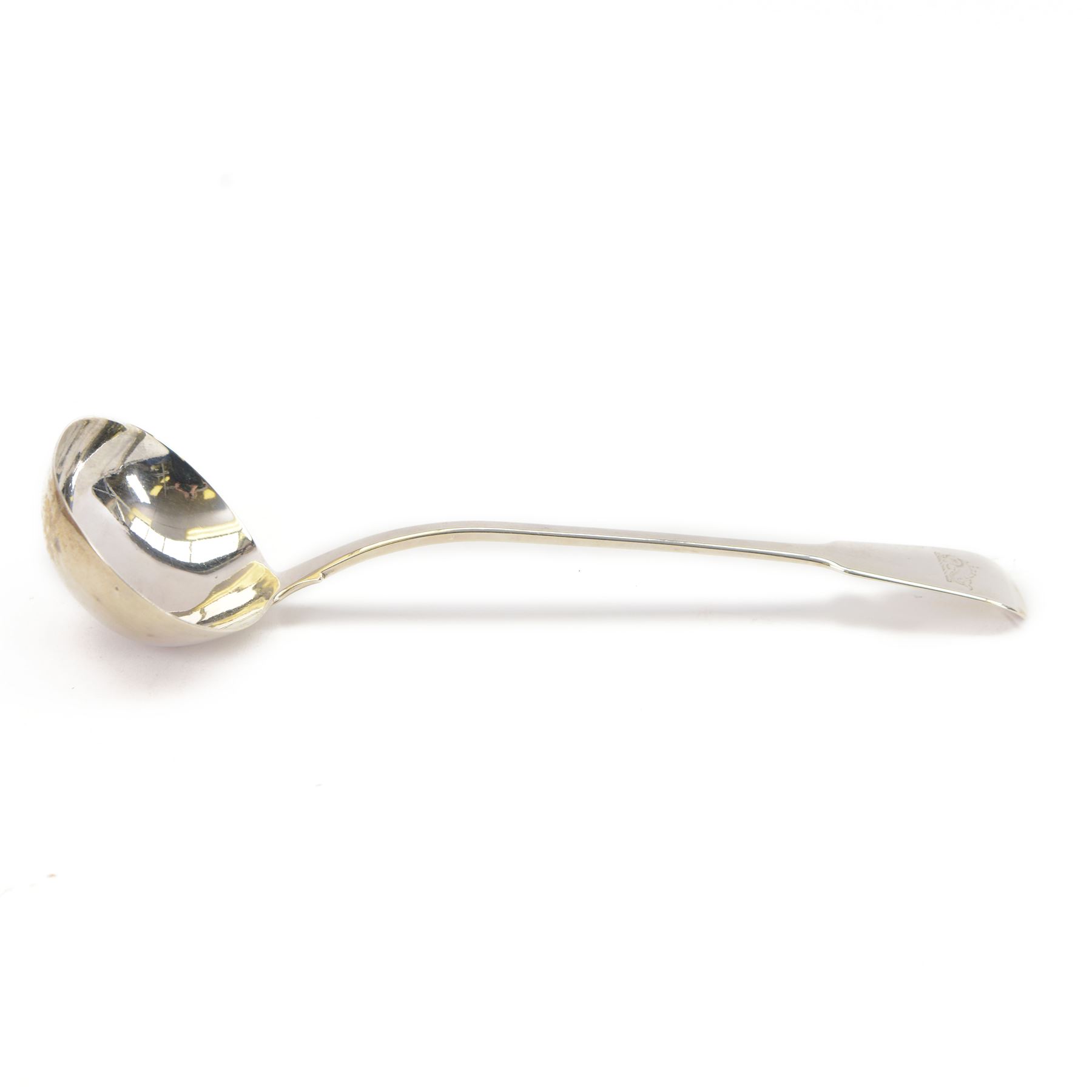 George III silver Fiddle pattern ladle, engraved with dolphin crest to terminal, hallmarked William Chawner II, London 1819, L33cm