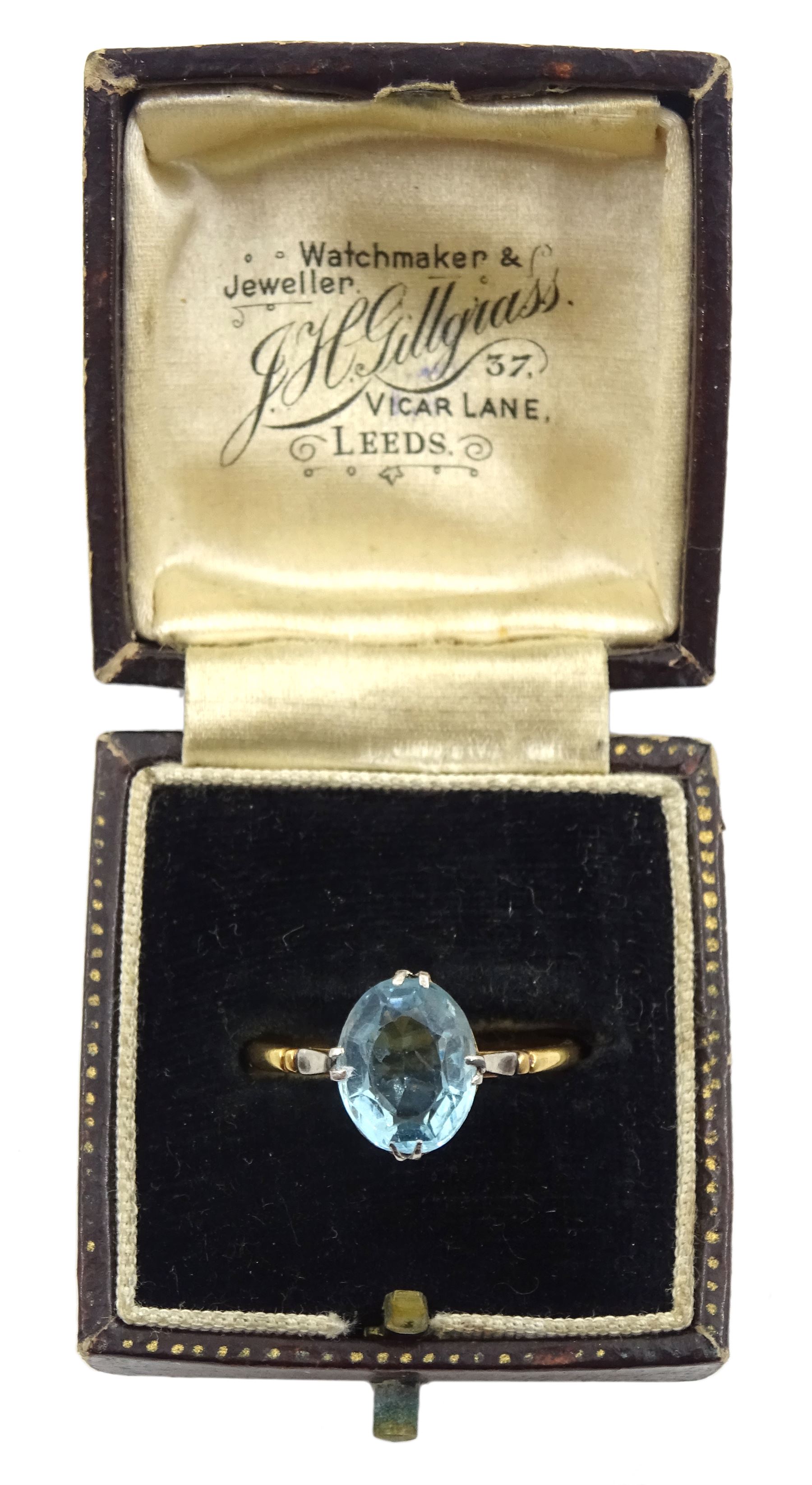 Early 20th century gold single stone blue stone ring, stamped 18ct, makers mark W G & S (possibly William Griffiths & Sons)