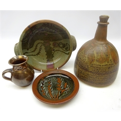  Oldrich Asenbryl stoneware decanter & stopper, H26cm, Laurie Short stoneware dish, Chris Geale overglazed Tenmoku jug and two handled stoneware dish with impressed seal (4)   
