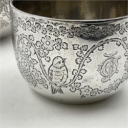 Late Victorian silver bachelors three piece tea service, comprising bullet shaped teapot, open sucrier and milk jug, each engraved with monogram surrounded by birds upon and amidst a blossoming vine, the teapot with scroll capped curved wooden handle and wooden finial to cover, hallmarked Wakely & Wheeler, London 1890, teapot including handle H12cm, sucrier H5.5cm 
