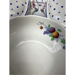 Copeland Spode Polka Dot pattern dinner and tea wares, comprising four dinner plates, seven salad plates, four dessert plates, six twin handled soup bowls and two saucers, six chocolate cups with covers and six saucers, two sauce boats, two tureens and covers, and four graduated serving platters. 