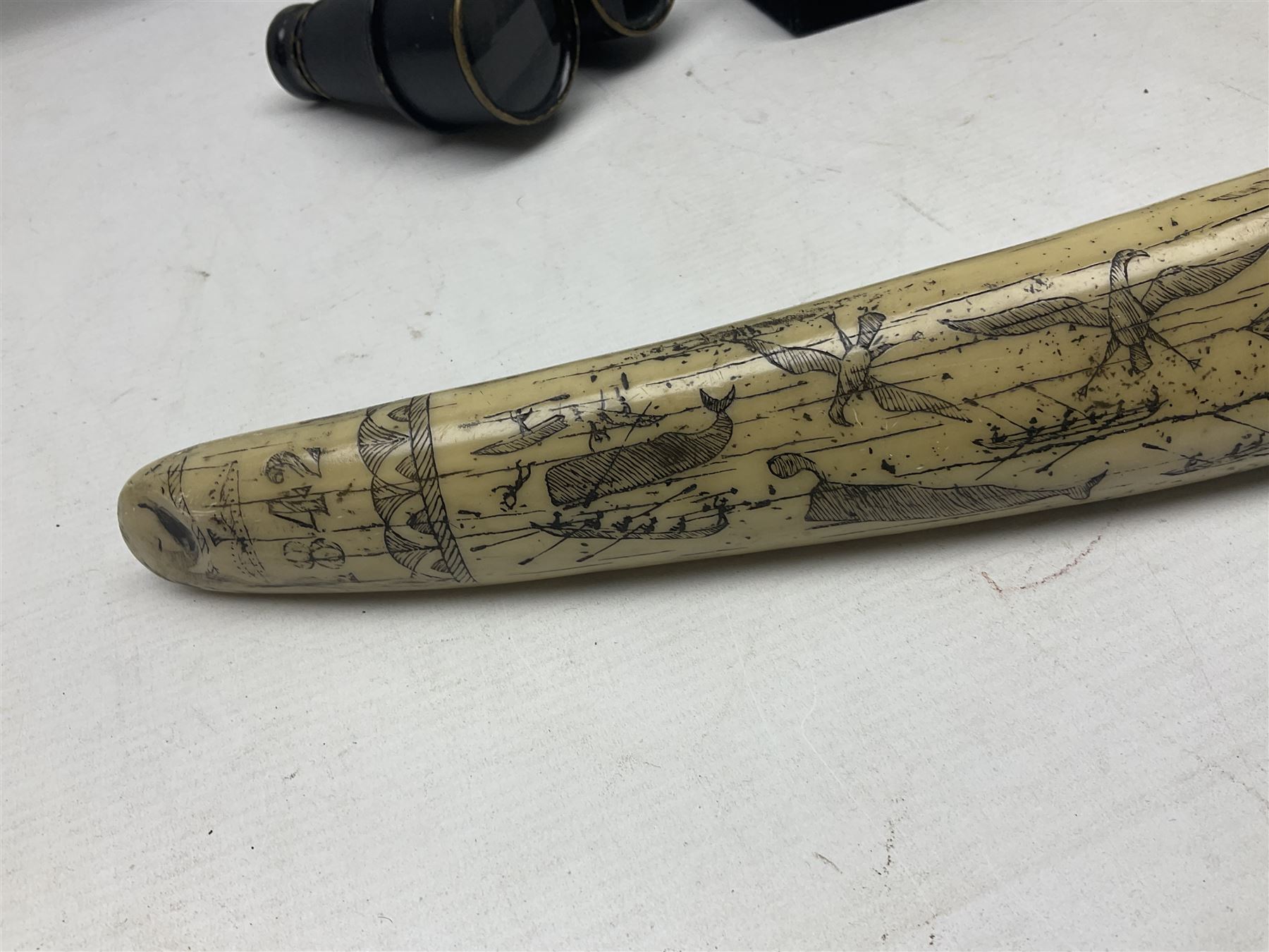 Horn handled magnifying glass and letter opener cased set, replica Scrimshaw in the form of a tusk titled The Ship Charles W Morgan New Bedford and pair of binoculars