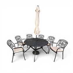 LeisureGrow - cast aluminium circular garden table, lattice design top, black finish; and six matching chairs with openwork back, complete with seat cushions and adjustable parasol