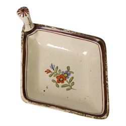 Group of 18th and 19th century ceramics, comprising 18th century pearlware tea caddy, if cylindrical form decorated with building and trees, H10.5cm, an 18th century blue and white pearlware saucer with similar decoration, D10.5cm, an 18th century creamware lozenge shaped boat, the interior painted with floral sprig, L12cm, and three pieces of 19th century blue and white transfer printed pottery, including a miniature jug decorated with the Playing Hoops pattern, H5.5cm, plus a Masons Bird and Flower pattern small octagonal basin, D10cm, (7)