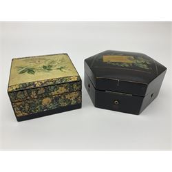 Mauchline ware black lacquered octagonal bobbin box, the hinged cover with forget-me-not floral decoration and sentimental verse, opening to reveal six bobbin holders and retail label for Clark & Co, together with a Mauchline ware sewing box, with floral decoration throughout and verse to hinged cover, a similar black lacquered needle holder and a Mauchline Tartan ware needle holder, largest diameter D11.5cm