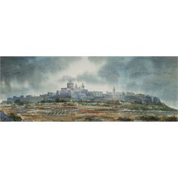 Aldo M Galea (Maltese 1953-): 'The Silent City Mdina', watercolour signed and dated 1989, 15cm x 40cm