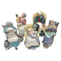 Five Royal Doulton figures, comprising A Stitch in Time HN2352, Nanny HN2221, Pretty Polly HN2768, Forty Winks HN1974 and Sweet Dreams HN2360, all with printed marks beneath  