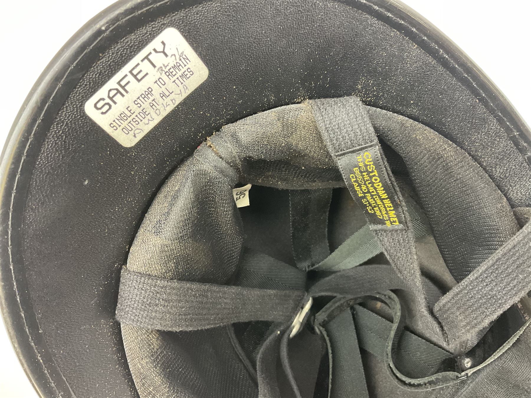 British Transport Police Custodian helmet with Queen's Crown plate; Hiatt & Co ebonised hardwood patrol truncheon; and pair of Hiatts 1960 hand-cuffs (3)