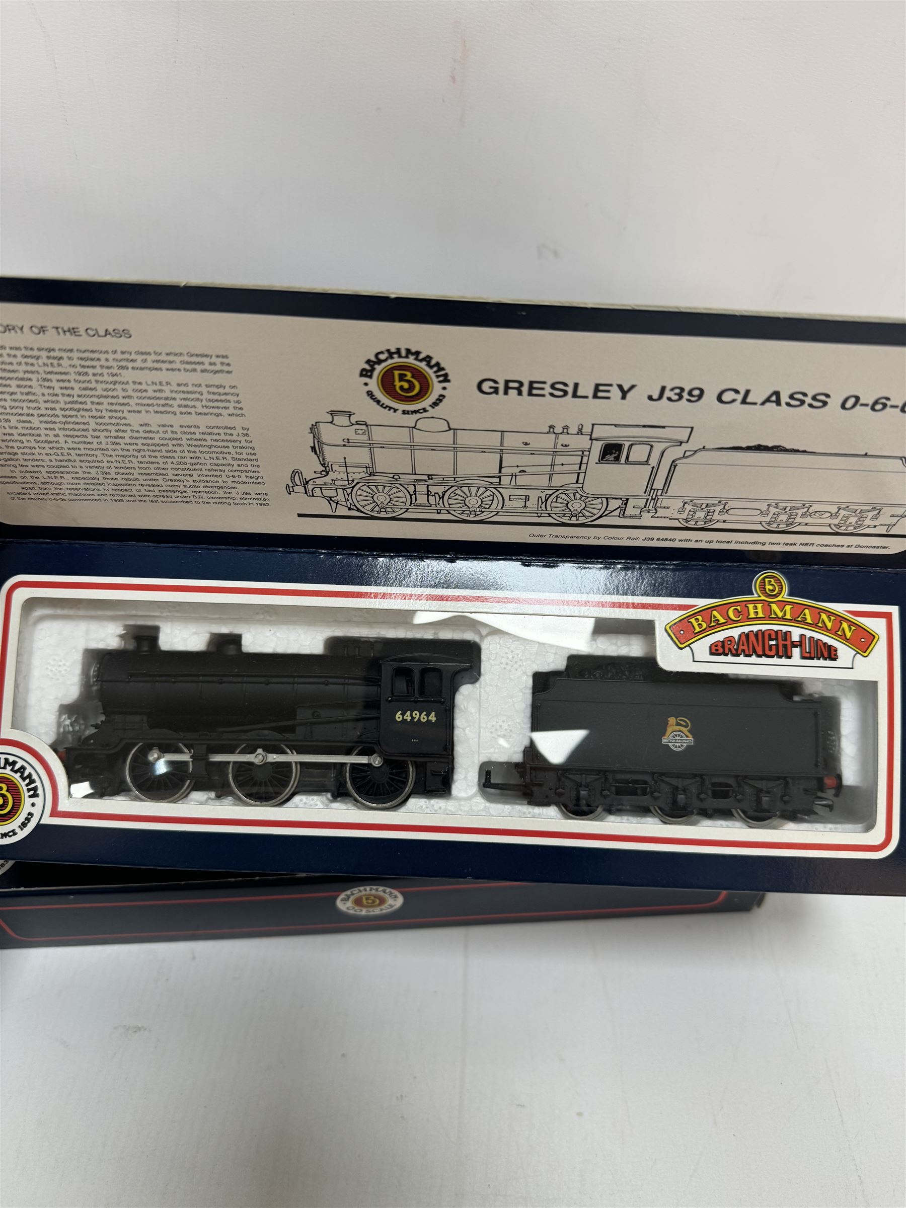 Four Bachmann Branch Line ‘00’ gauge Gresley J39 Class 0-6-0 locomotives, comprising 31851 no.64964 in BR black livery with early crest, 31851A no. 64958 in BR black with early emblem, 31852 no. 64967 in BR black with late crest and 31852A no. 64970 in BR black with late crest, all boxed 