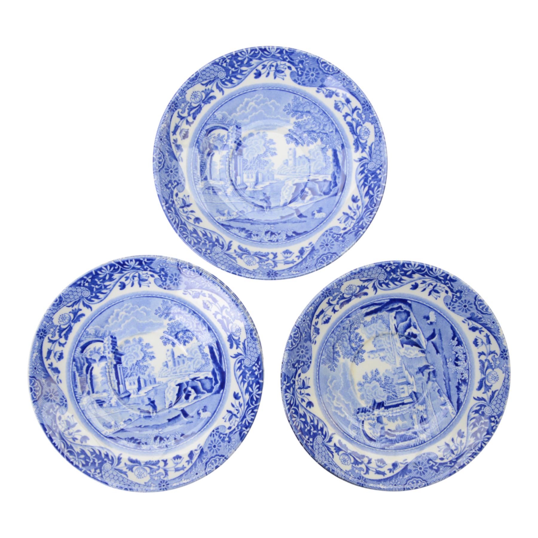 Spode tea service in Temple pattern, comprising twelve cups and saucers, open sucrier, milk jug, two side plates, together with Spode Italian pattern, six cups and saucers