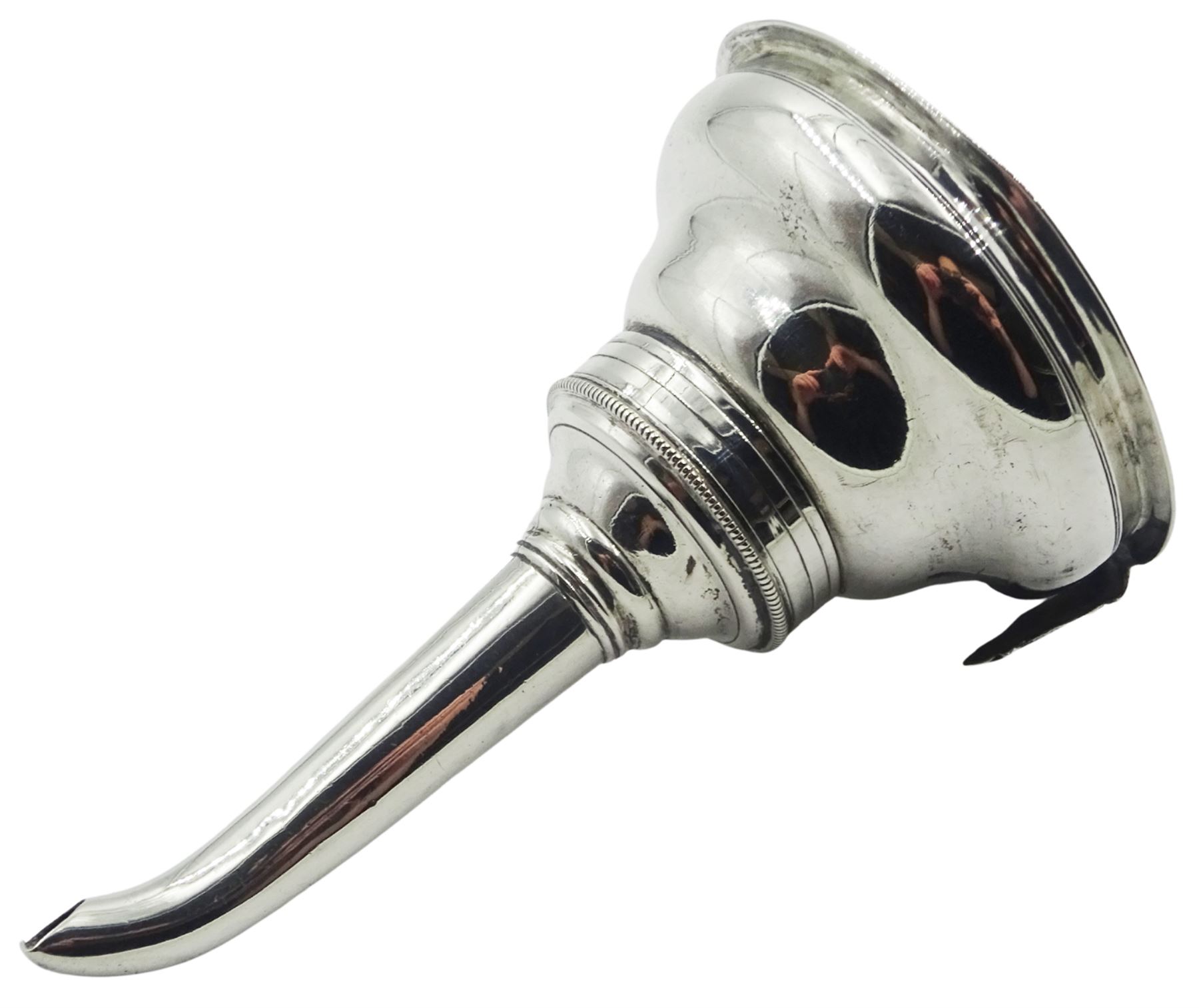 Silver wine funnel, probably George III, of plain typical form with shaped tang, hallmarks worn and indistinct possibly William Sumner, London, L11.5cm, approximate weight 1.52 ozt (47.5 grams)