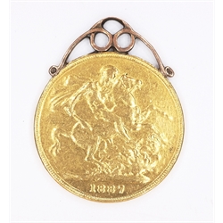  1887 gold sovereign on pendant mount approx 7.7gm   